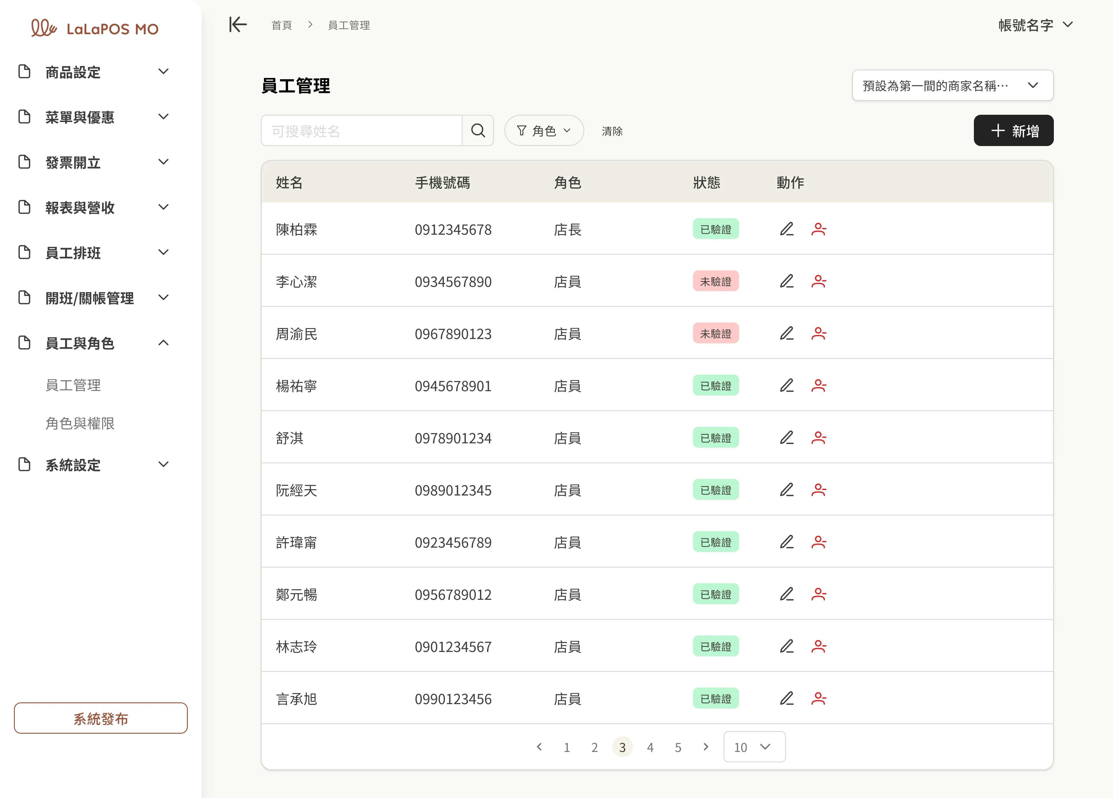員工權限管理截圖